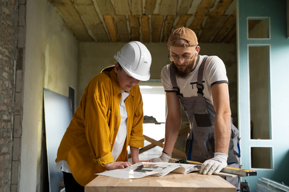 Clients reviewing deck remodeling plans during a site consultation