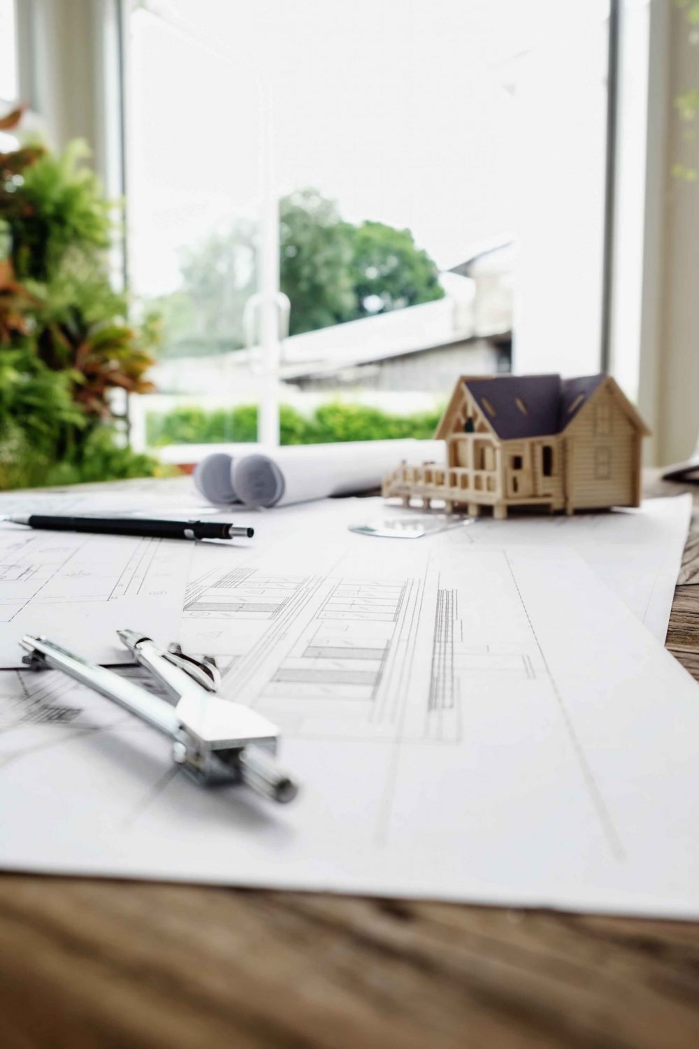 Custom modular home floor plans with architectural drawings and scale model
