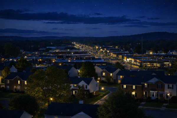 Residential neighborhood in Glen Burnie at night representing areas served by modular home builders and remodeling contractors.