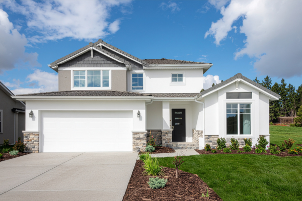 A modern white two-story modular home with a two-car garage and stone accents, representing a traditional colonial exterior on a Maryland lot.