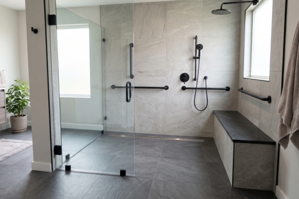 Accessible Walk-In Shower Curbless walk-in shower with a built-in bench, handheld sprayer and black grab bars on light stone tile