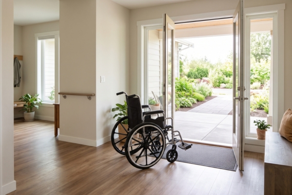 Wide Doorway and Step-Free Entry Wheelchair inside a home next to open double doors with a flat threshold leading to a patio